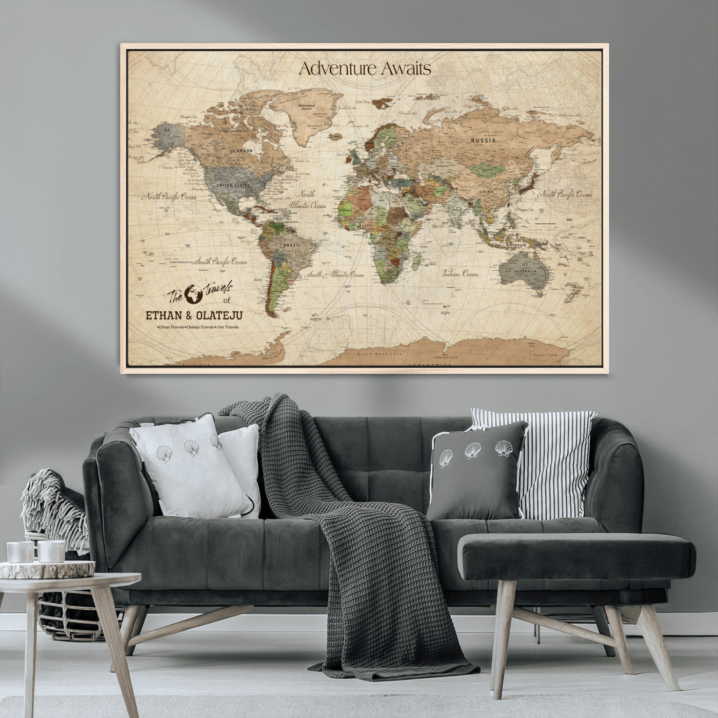 62766900-MGV-CV-36X24-Personalized World Map Wall Art – Antique Parchment Adventure Travel Map with Custom Couple Names, Rustic Wall Decor for Home,