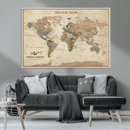 62766900-MGV-CV-36X24-Personalized World Map Wall Art – Antique Parchment Adventure Travel Map with Custom Couple Names, Rustic Wall Decor for Home,