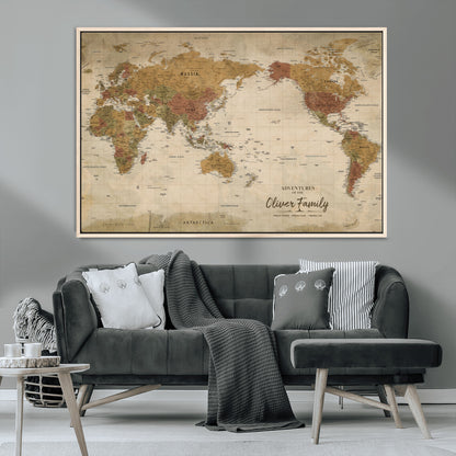 31874045-MGV-CV-36X24-Personalized World Map Wall Art – Vintage Earth Tone Adventure Map with Custom Family Names, Rustic Travel Decor for Home, Couples