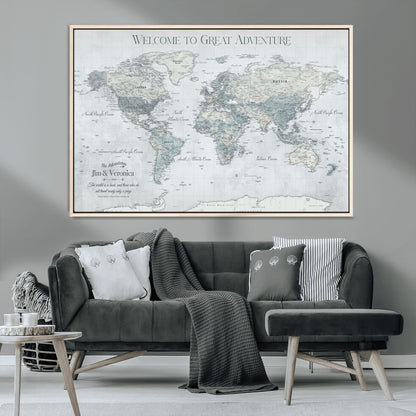 70605050-MGV-CV-36X24-Personalized World Map Wall Art – Cool Gray Adventure Travel Map with Custom Names, Elegant Push Pin Canvas for Couples, Family