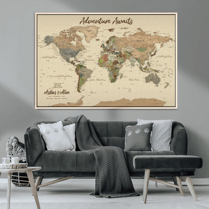 53442996-MGV-CV-36X24-Personalized World Map Wall Art – Adventure Awaits Vintage Travel Map with Custom Couple Names, Rustic Wall Decor for Home,