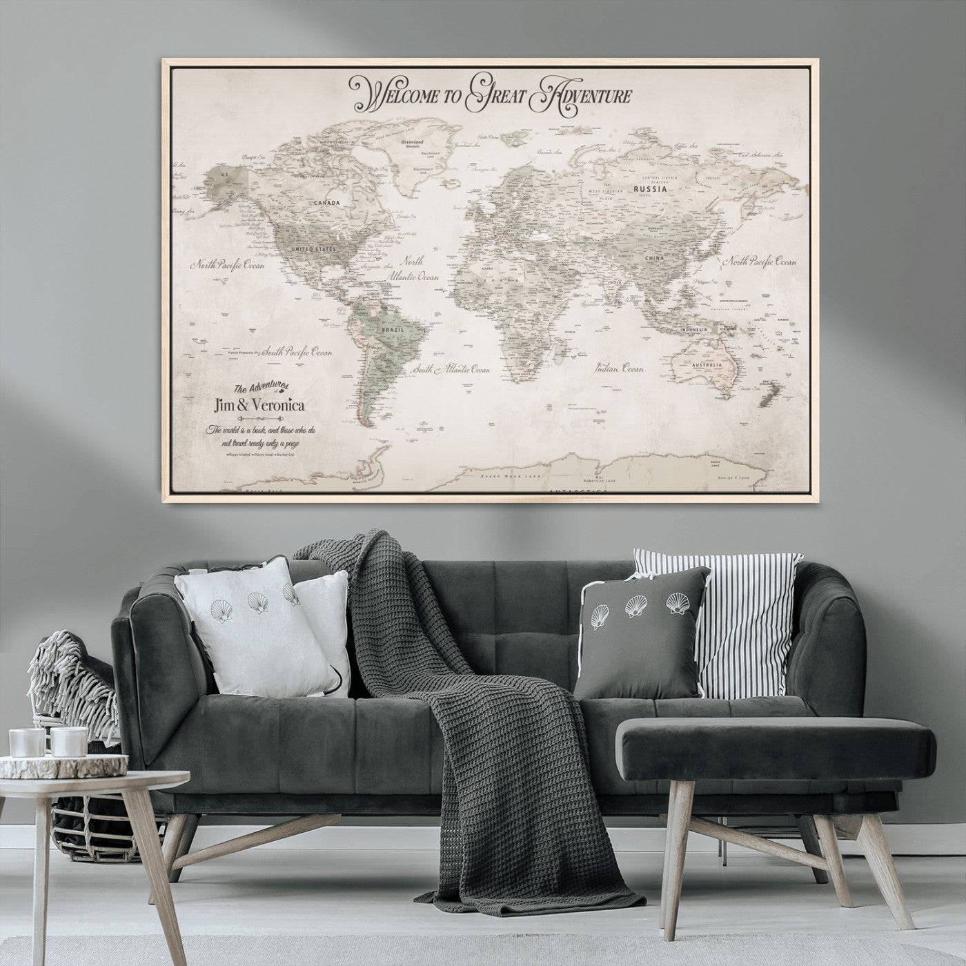 93034948-MGV-CV-36X24-Personalized World Map Wall Art – Vintage Beige Adventure Travel Map with Custom Names, Elegant Push Pin Canvas for Couples,