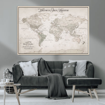 93034948-MGV-CV-36X24-Personalized World Map Wall Art – Vintage Beige Adventure Travel Map with Custom Names, Elegant Push Pin Canvas for Couples,