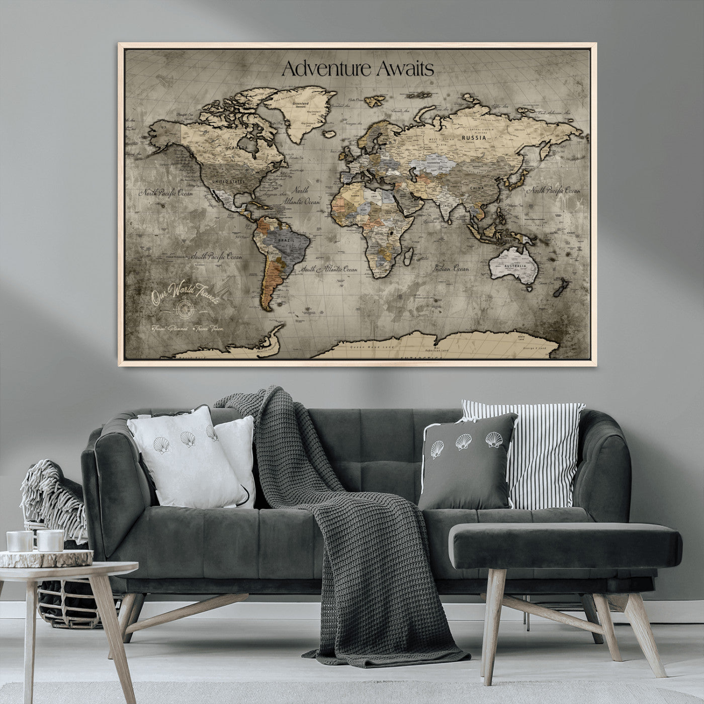 72658967-MGV-CV-36X24-Personalized World Map Wall Art – Adventure Awaits Rustic Sepia Travel Map with Custom Names, Vintage Wall Decor for Couples, Home