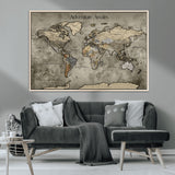 72658967-MGV-CV-36X24-Personalized World Map Wall Art – Adventure Awaits Rustic Sepia Travel Map with Custom Names, Vintage Wall Decor for Couples, Home