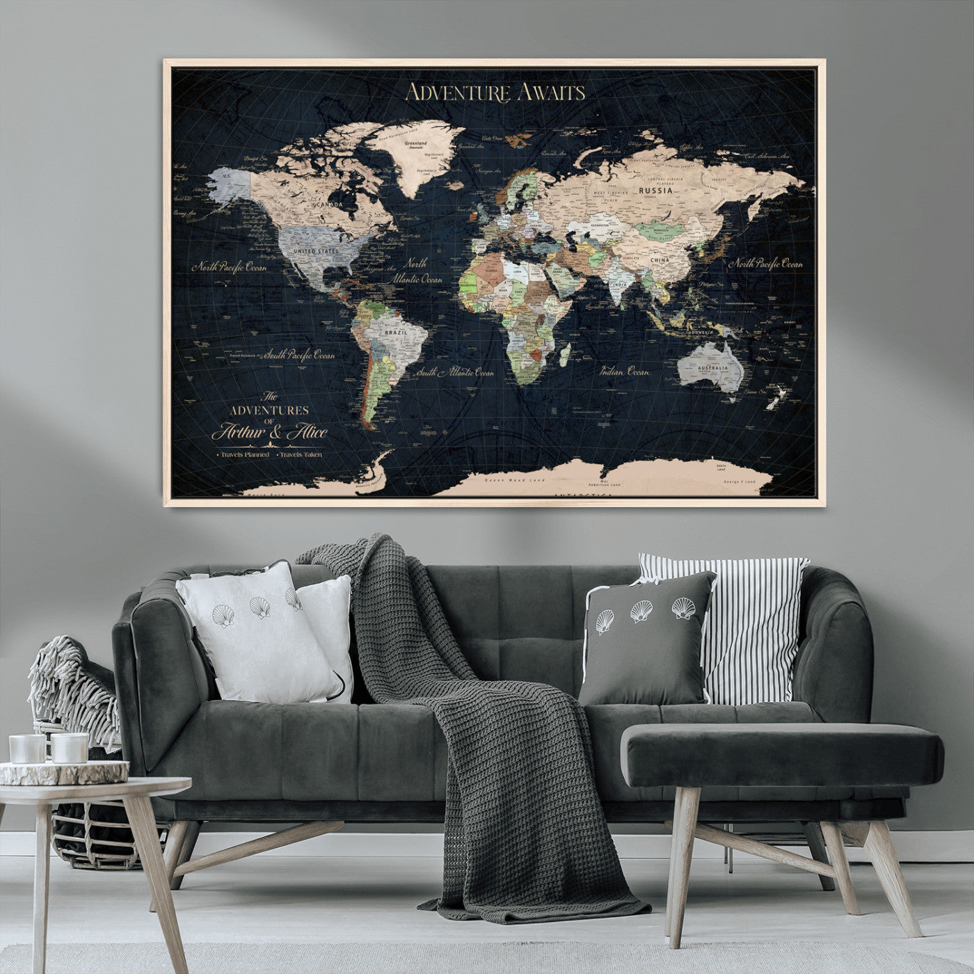 15547583-MGV-CV-36X24-Personalized World Map Wall Art – Rustic Navy Adventure Awaits Travel Map with Custom Couple Names, Vintage Wall Decor for Home or