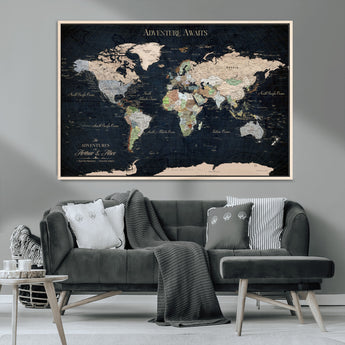15547583-MGV-CV-36X24-Personalized World Map Wall Art – Rustic Navy Adventure Awaits Travel Map with Custom Couple Names, Vintage Wall Decor for Home or