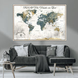 16233493-MGV-CV-36X24-Personalized World Map Wall Art – Rustic Blue Green Wanderlust Travel Map with Custom Couple Names, Vintage Wall Decor for Home