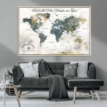 16233493-MGV-CV-36X24-Personalized World Map Wall Art – Rustic Blue Green Wanderlust Travel Map with Custom Couple Names, Vintage Wall Decor for Home