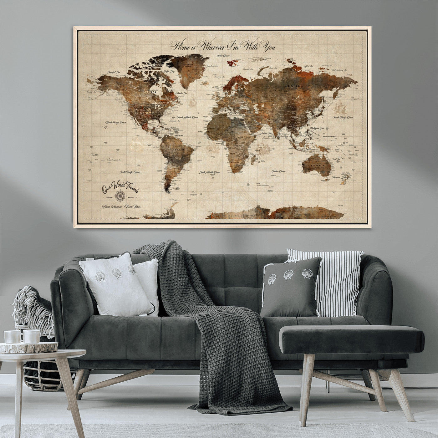 48225643-MGV-CV-36X24-Personalized World Map Wall Art – Rustic Vintage Adventure Travel Map with Custom Couple Names, Romantic Wall Decor for Home or