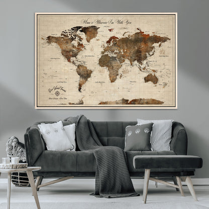 48225643-MGV-CV-36X24-Personalized World Map Wall Art – Rustic Vintage Adventure Travel Map with Custom Couple Names, Romantic Wall Decor for Home or
