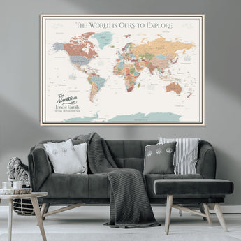 69180591-MGV-CV-36X24-Personalized World Map Wall Art – Rustic Vintage Adventure Travel Map with Custom Family Names, Unique Wall Decor for Couples,