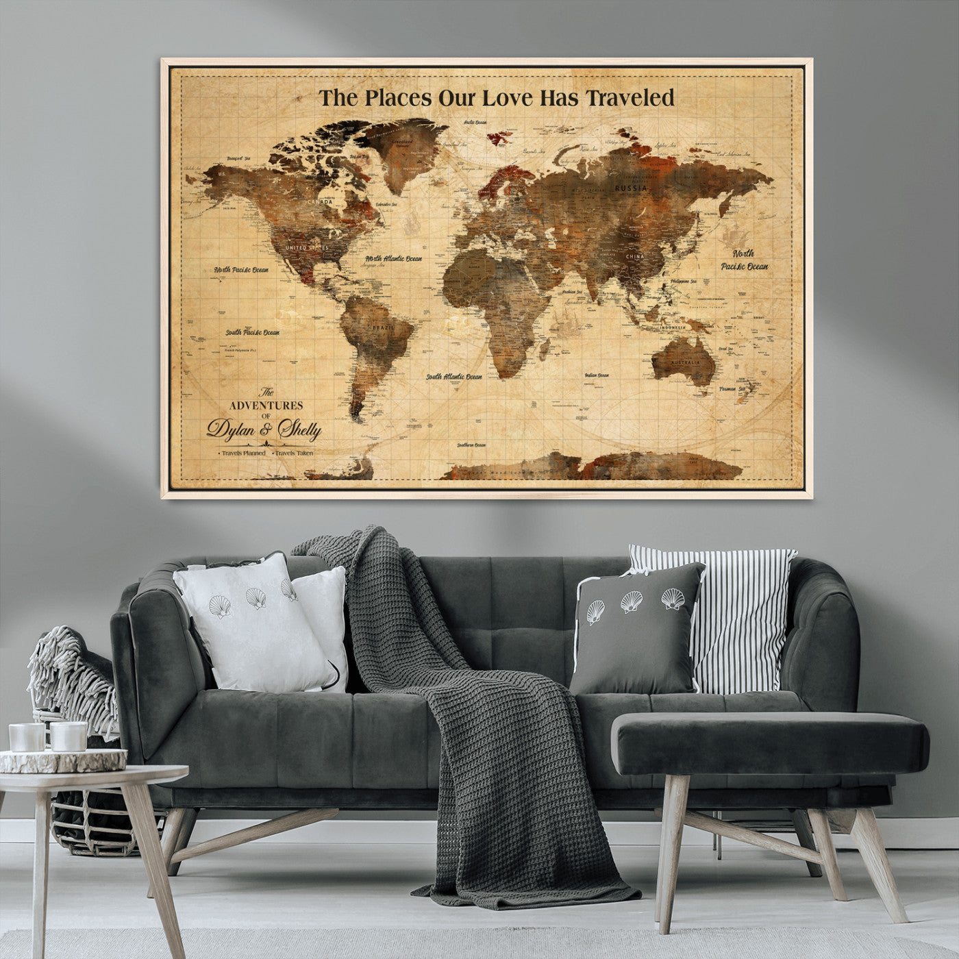 50680593-MGV-FC-36X24_Natural-Personalized World Map Wall Art – Rustic Brown Adventure Travel Map with Custom Names, Elegant Push Pin Canvas for Couples Home,