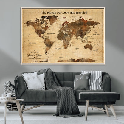 50680593-MGV-FC-36X24_Natural-Personalized World Map Wall Art – Rustic Brown Adventure Travel Map with Custom Names, Elegant Push Pin Canvas for Couples Home,