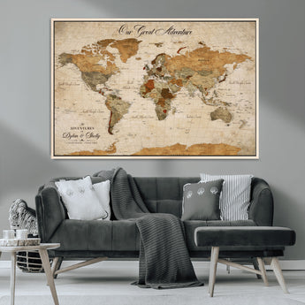 91961147-MGV-CV-36X24-Personalized World Map Wall Art – Vintage Sepia Adventure Travel Map with Custom Couple Names, Rustic Wall Decor for Home, Couples