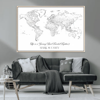 43438578-MGV-CV-36X24-Personalized World Map Wall Art – Black and White Minimal Travel Map with Custom Names, Elegant Wall Decor for Couples, Wedding or