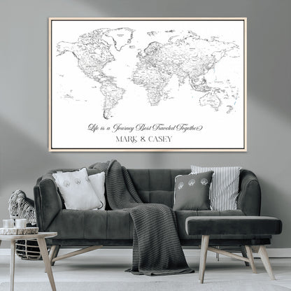 43438578-MGV-CV-36X24-Personalized World Map Wall Art – Black and White Minimal Travel Map with Custom Names, Elegant Wall Decor for Couples, Wedding or