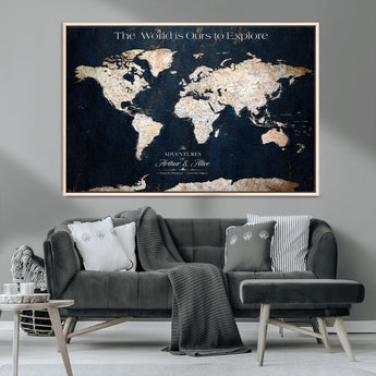 13231361-MGV-CV-36X24-Personalized World Map Wall Art – Navy Blue Vintage Adventure Travel Map with Custom Names, Elegant Push Pin Canvas for Couples