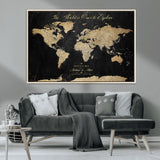 98947257-MGV-CV-36X24-Personalized World Map Wall Art – Vintage Black Adventure Travel Map with Custom Names, Elegant Push Pin Canvas for Couples Home