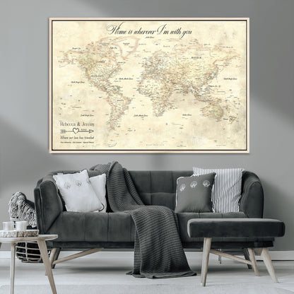 57950315-MGV-CV-36X24-Personalized World Map Wall Art – Vintage Beige Travel Map with Custom Names, Romantic Anniversary Gift for Couples, Adventure