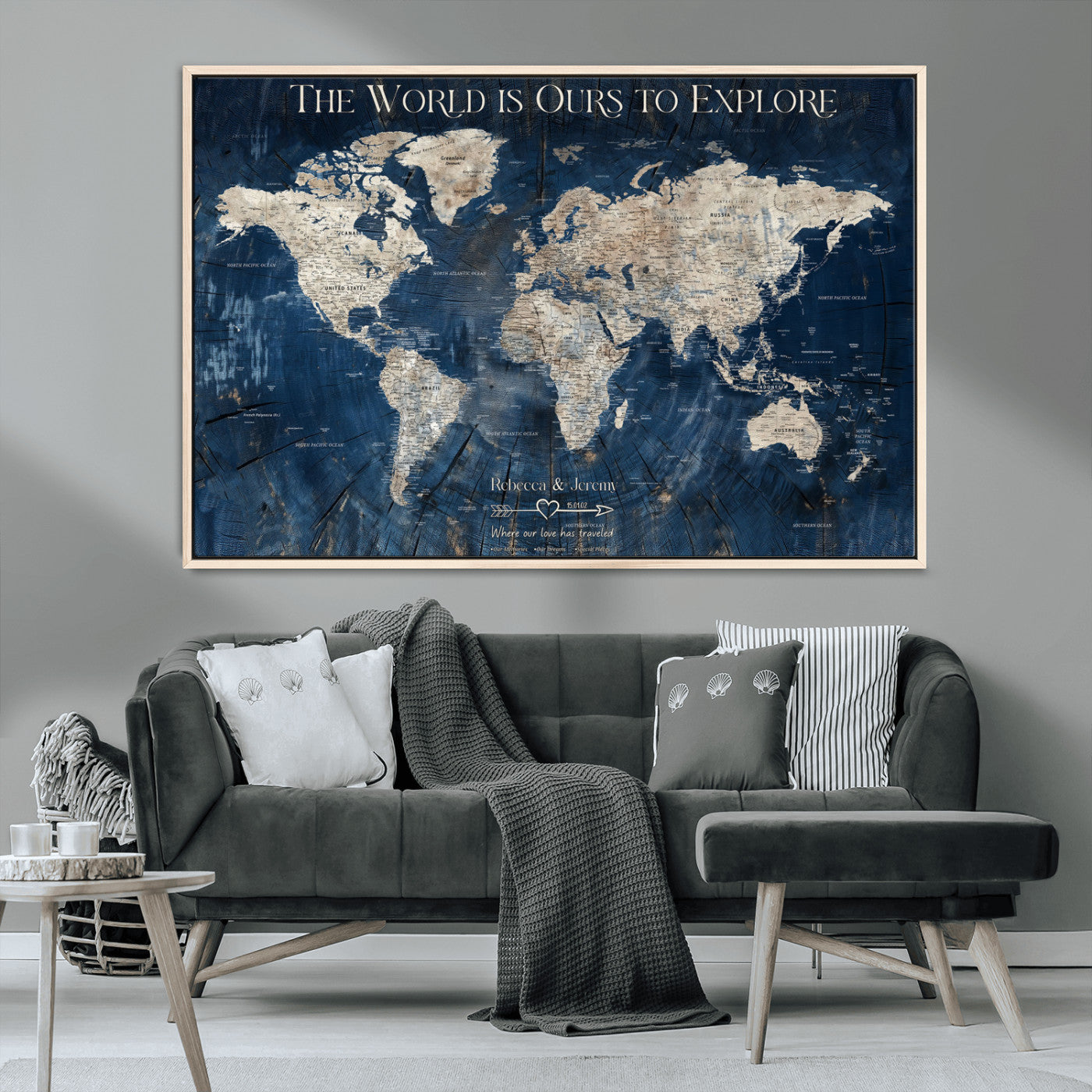 16933330-MGV-CV-36X24-Personalized World Map Wall Art – Navy Blue Vintage Travel Map with Custom Names, Anniversary Gift for Couples Romantic Adventure