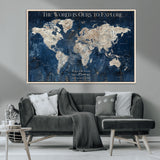 16933330-MGV-CV-36X24-Personalized World Map Wall Art – Navy Blue Vintage Travel Map with Custom Names, Anniversary Gift for Couples Romantic Adventure