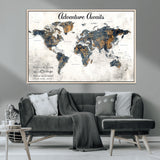 11751559-MGV-CV-36X24-Personalized World Map Wall Art – Elegant Adventure Travel Tracker Map for Couples & Families, Push Pin Canvas Poster Decor for Home, Office