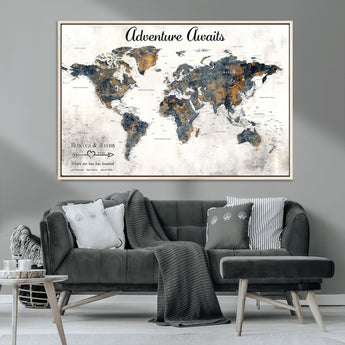 11751559-MGV-CV-36X24-Personalized World Map Wall Art – Elegant Adventure Travel Tracker Map for Couples & Families, Push Pin Canvas Poster Decor for Home, Office