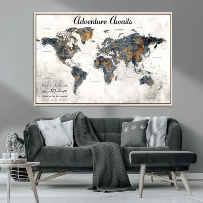 11751559-MGV-CV-36X24-Personalized World Map Wall Art – Elegant Adventure Travel Tracker Map for Couples & Families, Push Pin Canvas Poster Decor for Home, Office