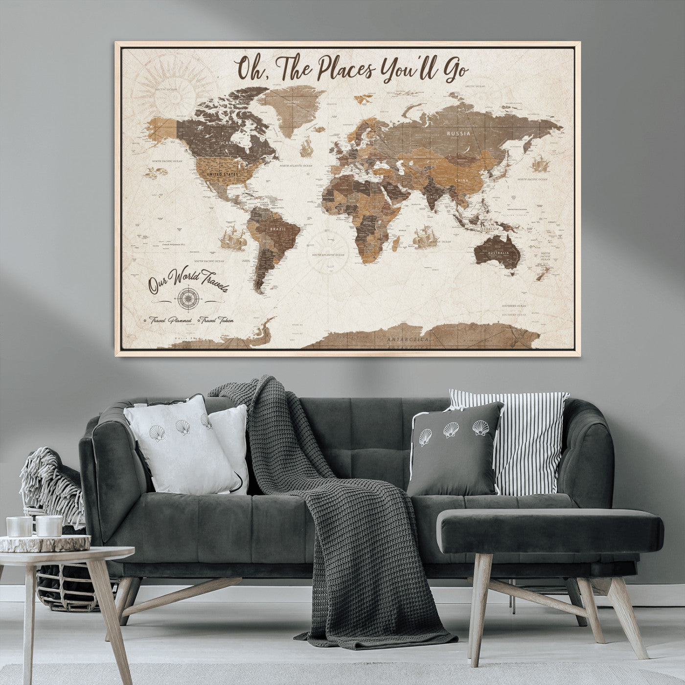 14140137-MGV-CV-36X24-Personalized World Map Wall Art – Vintage Nautical Adventure Map with Ships and Compass, Rustic Sepia Tones for Travel Lovers and