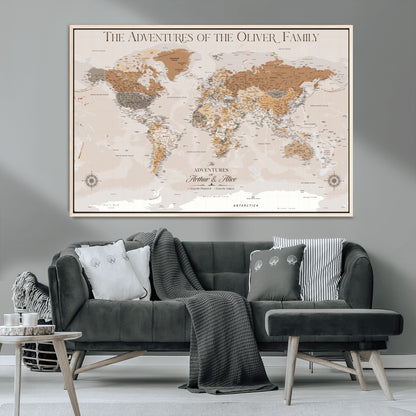 34289723-MGV-CV-36X24-Personalized World Map Wall Art – Elegant Beige and Brown Adventure Map Canvas Print for Family Home, Living Room, Study or Office