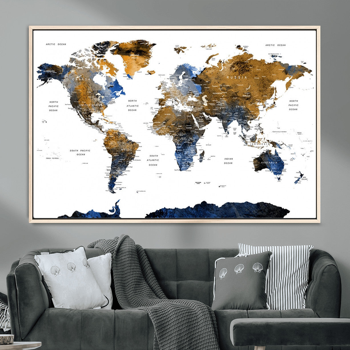 MGV-FC-36X24 - World Map Wall Art Canvas Print, Framed Blue Gold Map Art Picture Print, Rustic Atlas Perfect Rustic Modern Decor Artwork