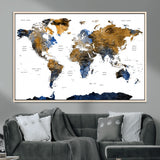 MGV-FC-36X24 - World Map Wall Art Canvas Print, Framed Blue Gold Map Art Picture Print, Rustic Atlas Perfect Rustic Modern Decor Artwork