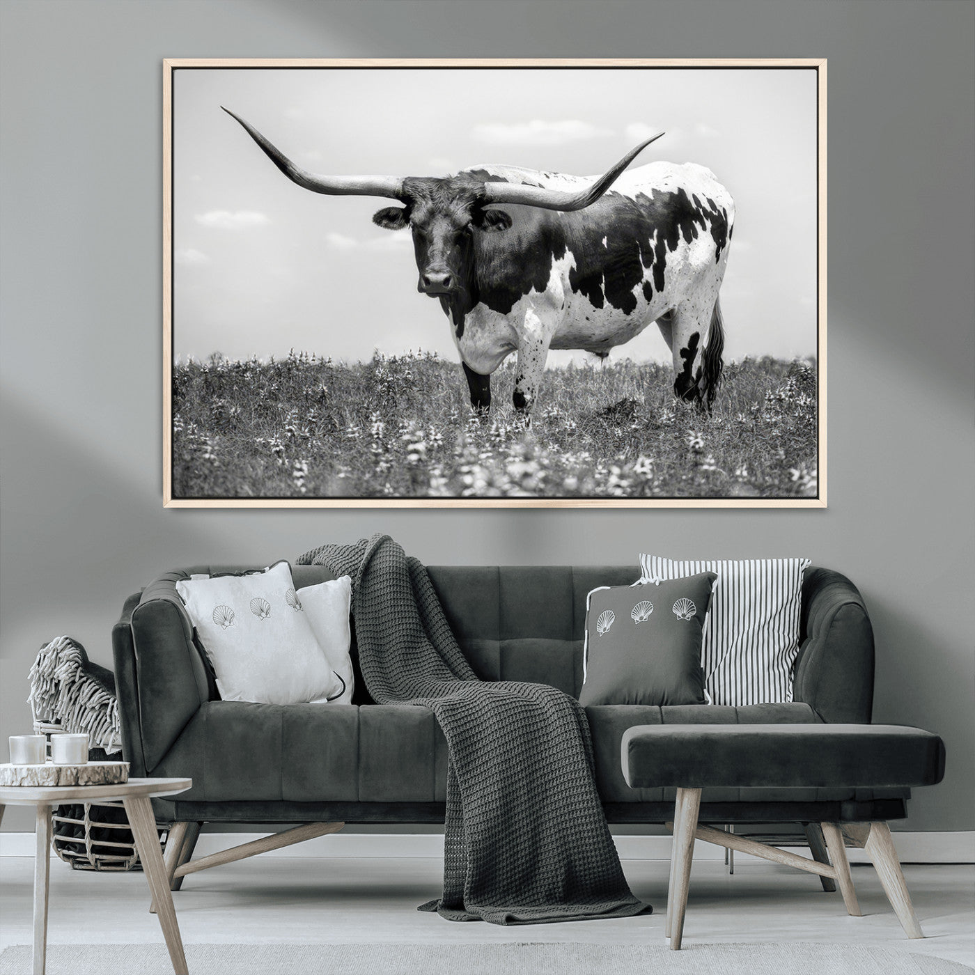 83785-MGV-CV-36X24-Texas Longhorn Wall Art Canvas Print, Framed Horned Bull Art Picture Print, Monochrome Cattle Perfect Rustic Western Decor Artwork