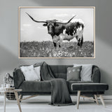 83785-MGV-CV-36X24-Texas Longhorn Wall Art Canvas Print, Framed Horned Bull Art Picture Print, Monochrome Cattle Perfect Rustic Western Decor Artwork