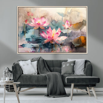 18414-MGV-CV-36X24-Pink Lotus Wall Art Canvas Print, Framed Water Lily Art Picture Print, Dreamy Floral Perfect Dreamy Botanical Decor Artwork