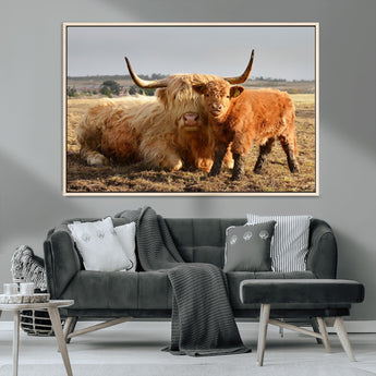 88780-MGV-CV-36X24-Highland Cow Wall Art Canvas Print, Framed Cow Calf Art Picture Print, Scottish Cattle Perfect Rustic Farmhouse Decor Artwork