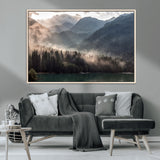 64758-MGV-CV-36X24-Misty Mountains Wall Art Canvas Print, Framed Moody Pines Art Picture Print, Forest Lake Perfect Moody Alpine Decor Artwork