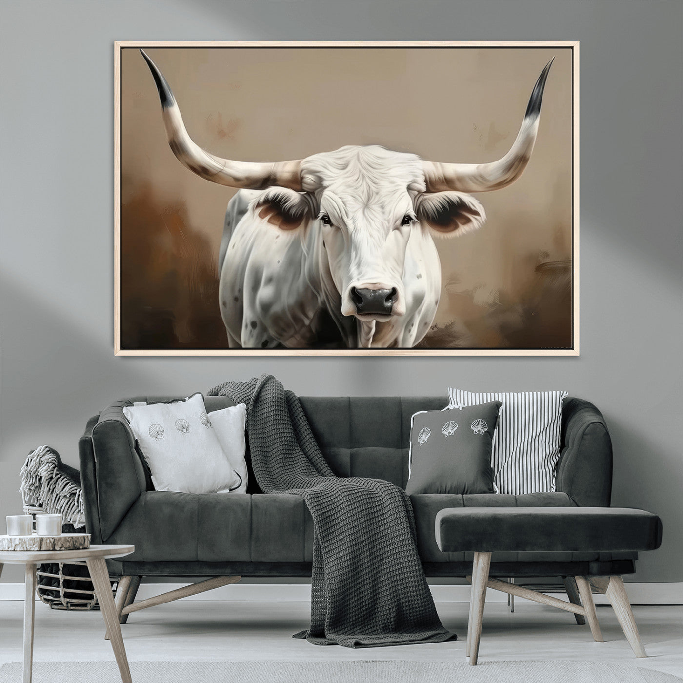 63550-MGV-CV-36X24-Texas Longhorn Wall Art Canvas Print, Framed White Bull Art Picture Print, Horned Cattle Perfect Rustic Western Decor Artwork