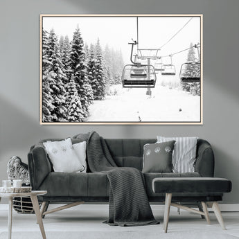49274-MGV-CV-36X24-Snowy Forest Wall Art Canvas Print, Framed Ski Lift Art Picture Print, Mountain Snow Perfect Minimal Winter Lodge Decor Artwork
