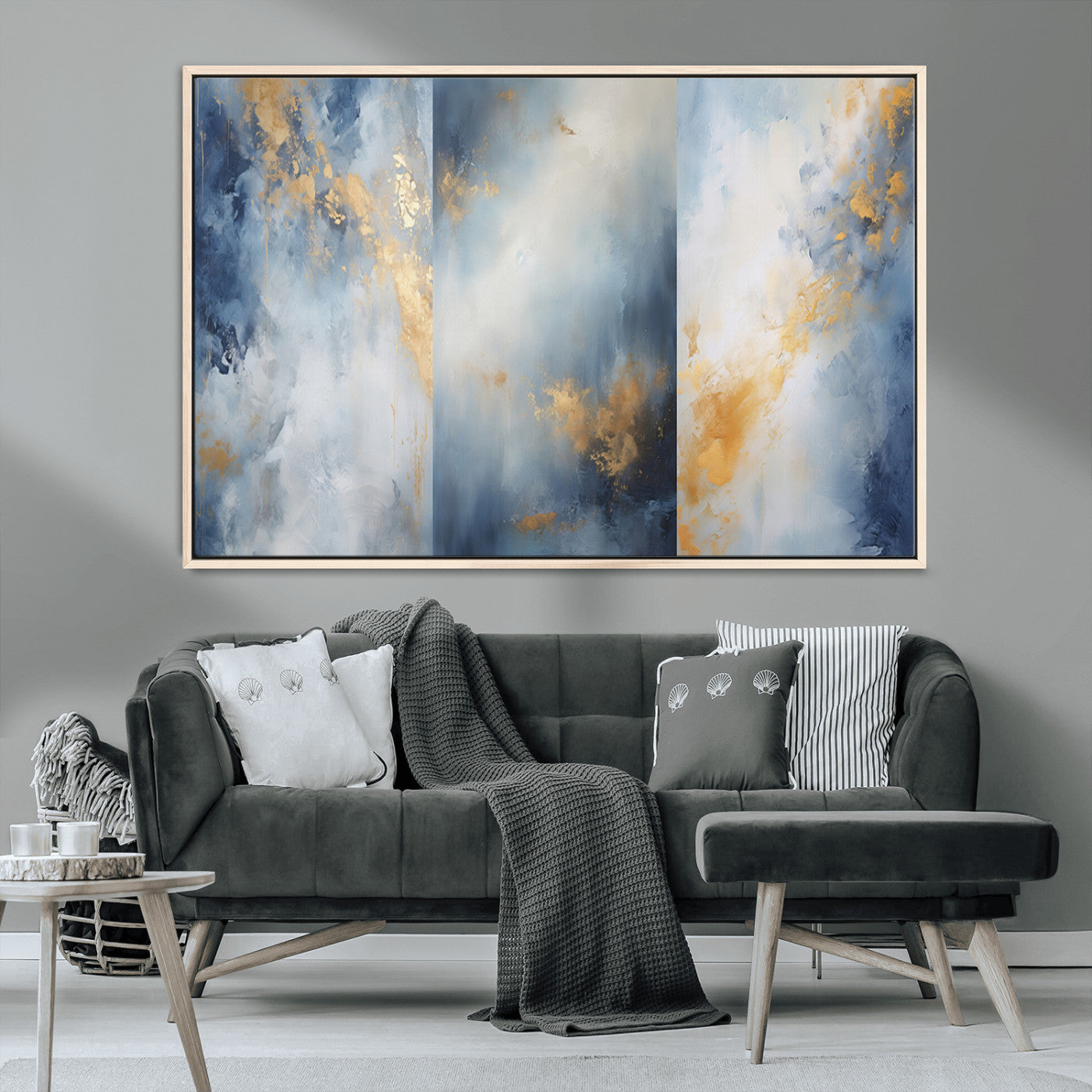 41836-MGV-CV-36X24-Abstract Gold Wall Art Canvas Print, Framed Blue Layers Art Picture Print, Elegant Cloud Perfect Elegant Minimalist Decor Artwork