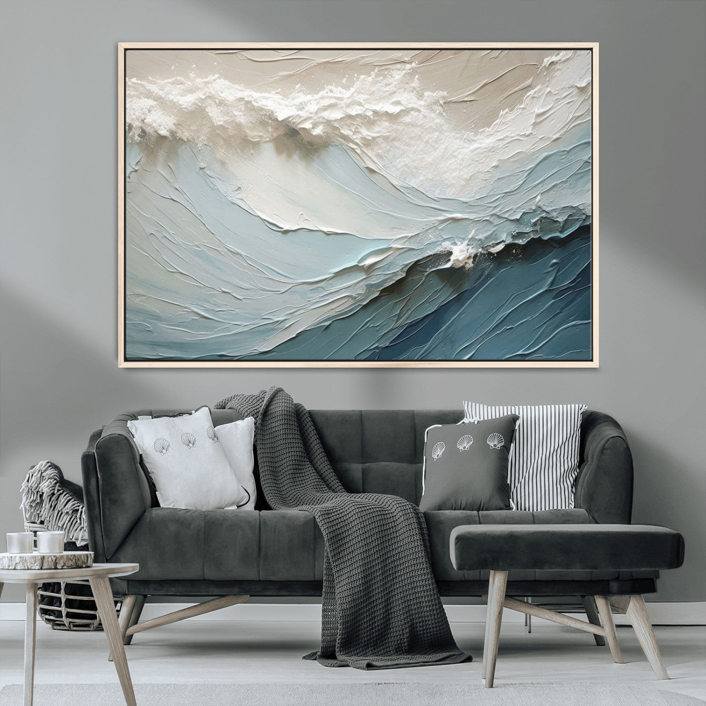 53646-MGV-CV-36X24-Ocean Wave Wall Art Canvas Print, Framed Textured Seascape Art Picture Print, Modern Ocean Perfect Minimal Coastal 2/2 Decor
