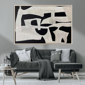 33714-MGV-CV-36X24-Monochrome Design Wall Art Canvas Print, Framed Modern Linework Art Picture Print, Textured Shapes Perfect Monochrome Modern Decor