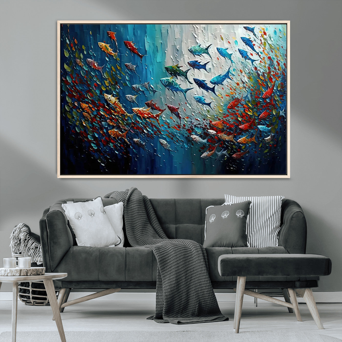 89626-MGV-CV-36X24-Fish Swarm Wall Art Canvas Print, Framed Abstract Ocean Art Picture Print, Underwater Life Perfect Vibrant Coastal Decor Artwork