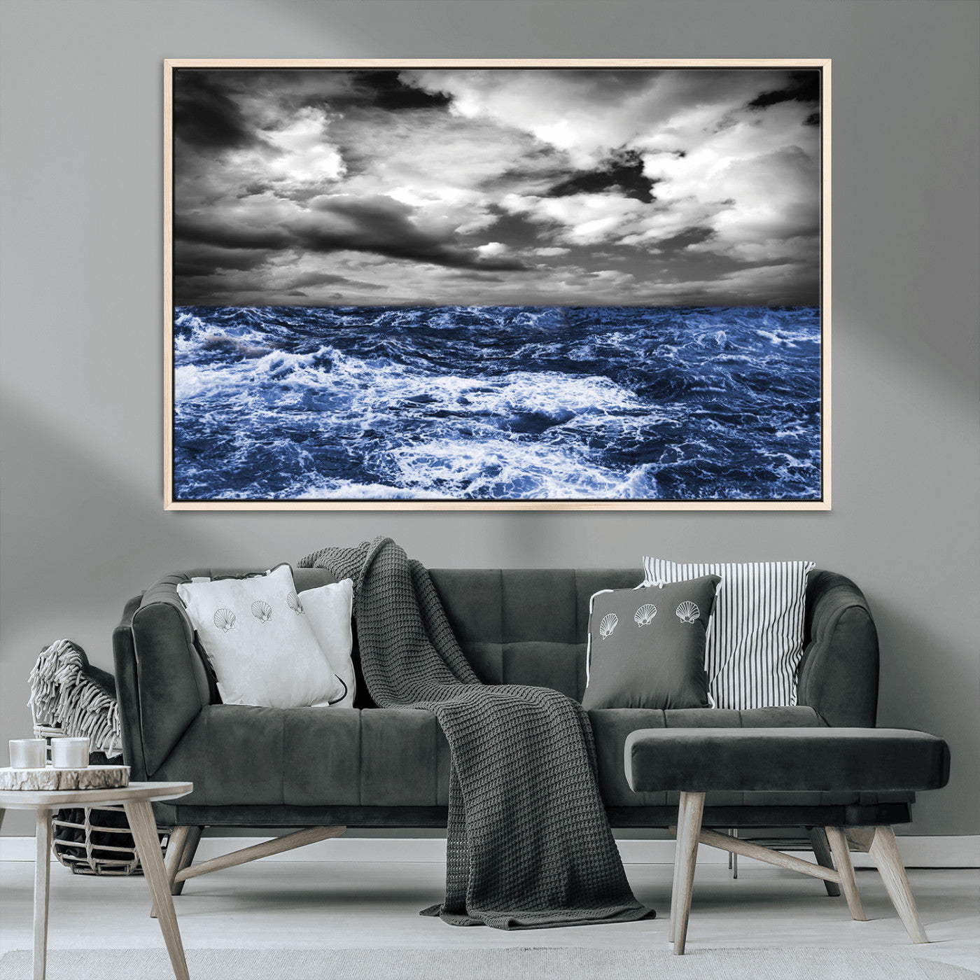 91043-MGV-CV-36X24-Stormy Ocean Wall Art Canvas Print, Framed Moody Seascape Art Picture Print, Monochrome Sea Perfect Coastal Drama Decor Artwork