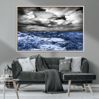 91043-MGV-CV-36X24-Stormy Ocean Wall Art Canvas Print, Framed Moody Seascape Art Picture Print, Monochrome Sea Perfect Coastal Drama Decor Artwork