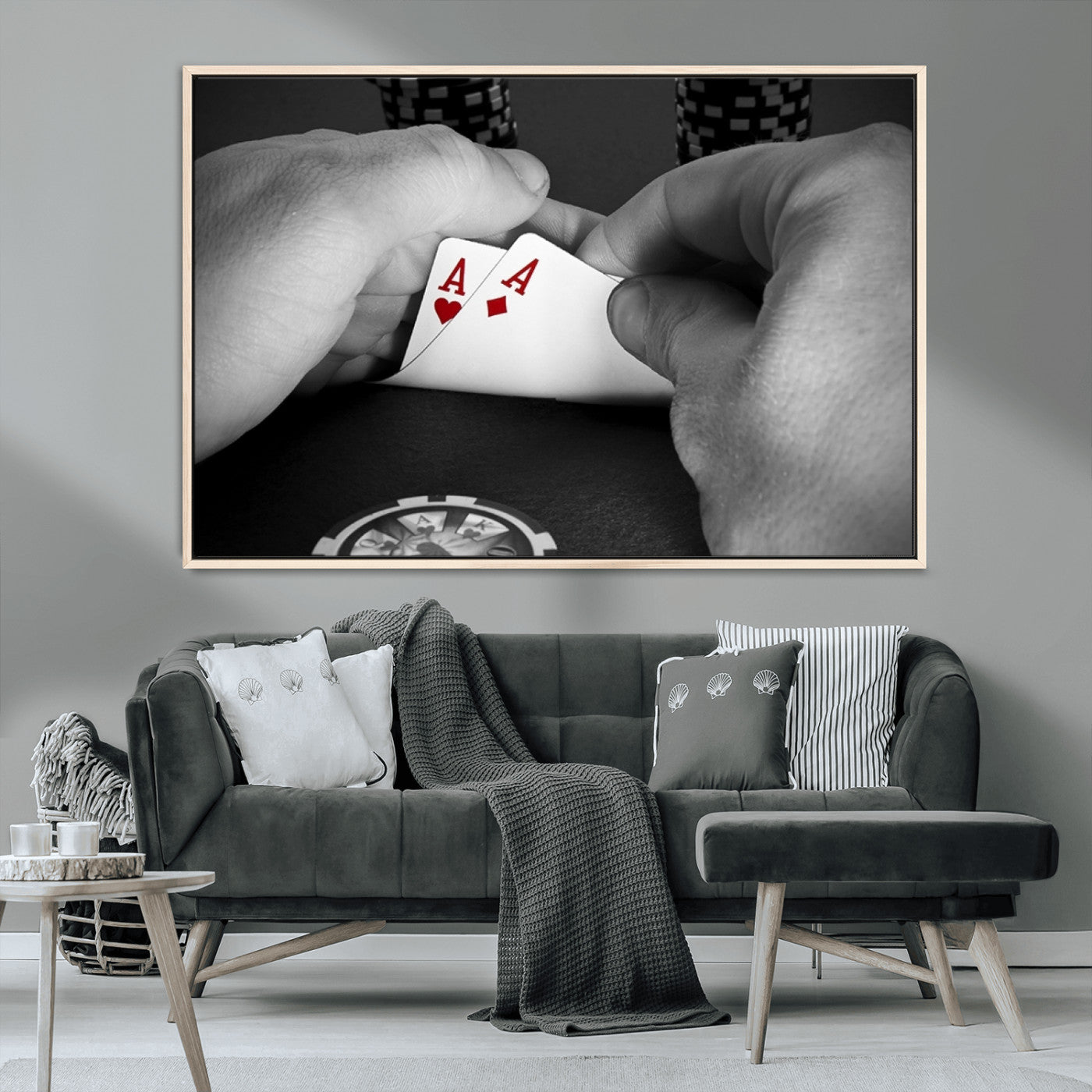 62460-MGV-CV-36X24-Poker Game Wall Art – Close Up of Hands Holding Aces with Chips, Casino Style Decor for Game Room, Man Cave or Office