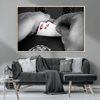 62460-MGV-CV-36X24-Poker Game Wall Art – Close Up of Hands Holding Aces with Chips, Casino Style Decor for Game Room, Man Cave or Office