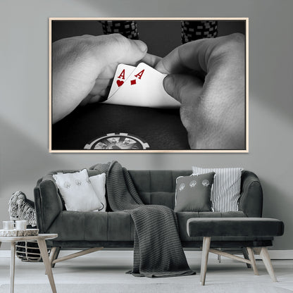 62460-MGV-CV-36X24-Poker Game Wall Art – Close Up of Hands Holding Aces with Chips, Casino Style Decor for Game Room, Man Cave or Office