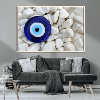 48883-MGV-CV-36X24-Evil Eye Wall Art – Deep Blue Symbol of Presence and Calm on White Stones, Subtle Spiritual Decor for Entryway, Studio, Office or